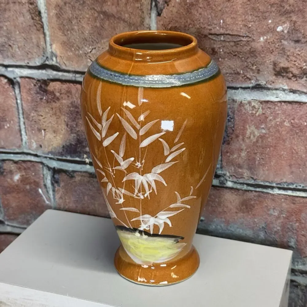 Vintage Japan Style 7'' Vase Hand-painted Bamboo &‎ Boat Scene Asian Decor
